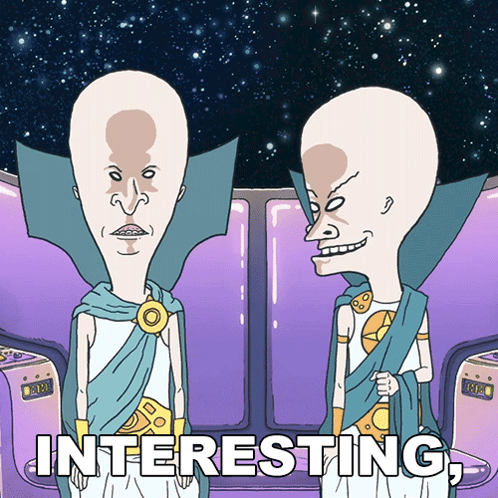 Two Cartoon Characters Are Sitting Next To Each Other With The Words " Interesting " Written Below Them GIF