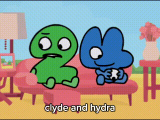 Two Cartoon Characters Are Sitting On A Couch And The Words Clyde And Hydra Are Written Below Them GIF