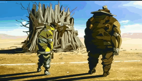 Two Cartoon Characters Are Standing In Front Of A Pile Of Wood GIF