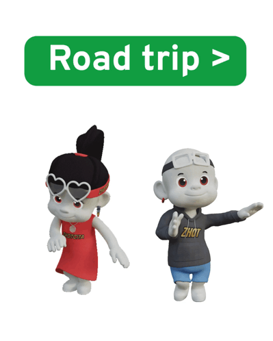two cartoon characters are standing next to a green road trip button
