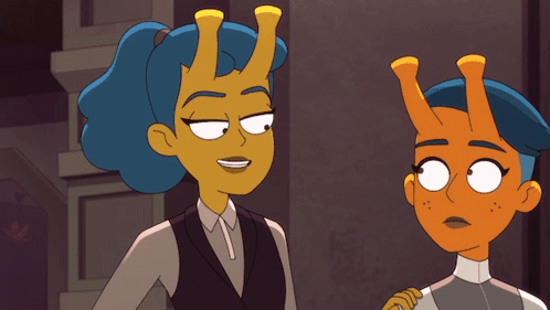 Two Cartoon Characters Are Standing Next To Each Other And One Has Blue Hair And The Other Has Orange Hair GIF