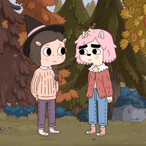 Two Cartoon Characters Are Standing Next To Each Other And One Has Pink Hair GIF