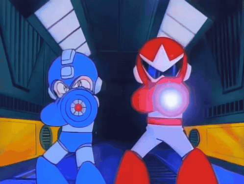 Two Cartoon Characters Are Standing Next To Each Other And One Of Them Has A Flashlight In His Hand GIF