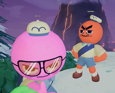 Two Cartoon Characters Are Standing Next To Each Other And One Of Them Has A Hat With The Letter M On It GIF