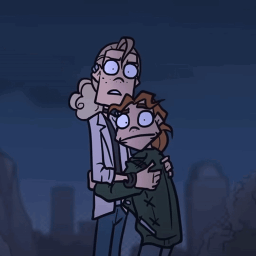 Two Cartoon Characters Are Standing Next To Each Other And One Of Them Is Holding The Other 'S Hand GIF