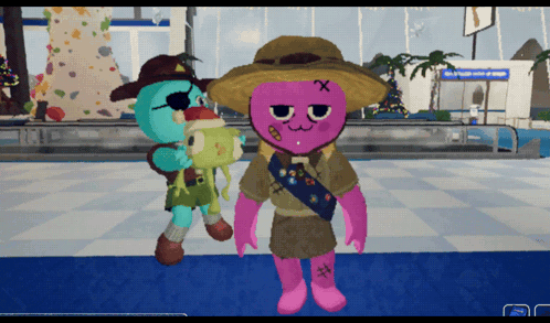 Two Cartoon Characters Are Standing Next To Each Other And One Of Them Is Wearing A Hat With A Cross On It GIF