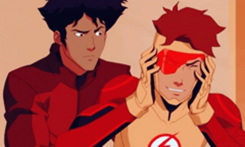 Two Cartoon Characters Are Standing Next To Each Other And One Of Them Is Wearing A Red Costume With The Letter G On It  GIF