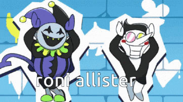 Two Cartoon Characters Are Standing Next To Each Other And The Words Roni Allister Are On The Bottom GIF