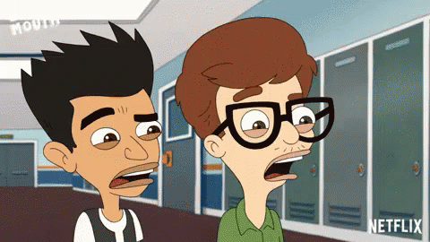 Two Cartoon Characters Are Standing Next To Each Other In A Hallway With Netflix Written On The Bottom Right GIF