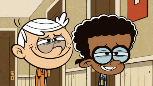 Two Cartoon Characters Are Standing Next To Each Other In A Hallway With The Number 5 On The Wall GIF