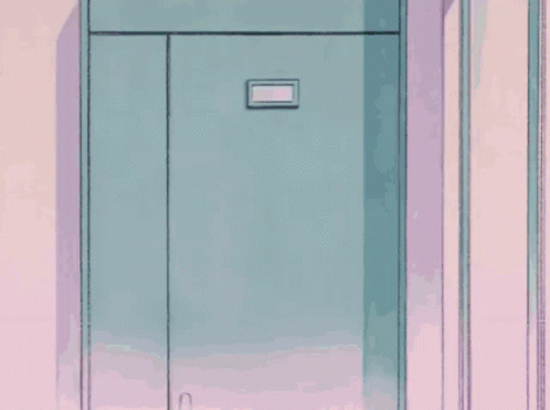 Two Cartoon Characters Are Standing Next To Each Other In Front Of A Blue Door GIF