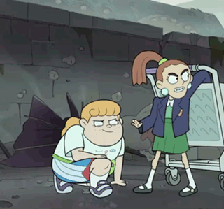 Two Cartoon Characters Are Standing Next To Each Other In Front Of A Cart GIF