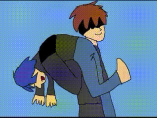 Two Cartoon Characters Are Standing Next To Each Other On A Blue Background . One Of The Characters Is Laying On The Gro GIF