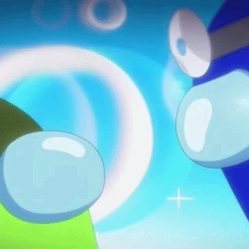 Two Cartoon Characters Are Standing Next To Each Other On A Blue Background With A White Circle In The Middle . GIF