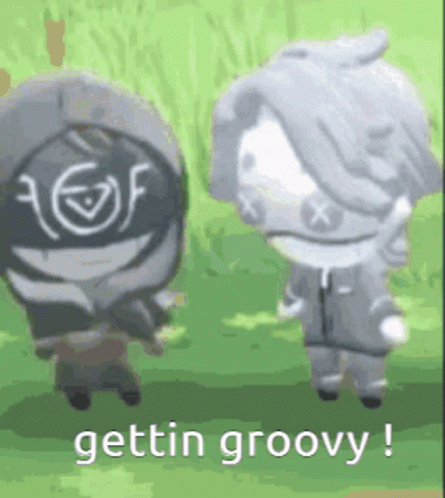 Two Cartoon Characters Are Standing Next To Each Other On A Grassy Field And They Are Talking . GIF