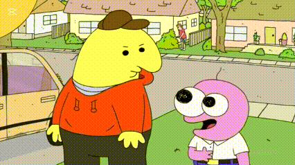 Two Cartoon Characters Are Standing Next To Each Other On A Sidewalk . GIF