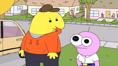 Two Cartoon Characters Are Standing Next To Each Other With A Car In The Background And The Words Comedy Central On The GIF