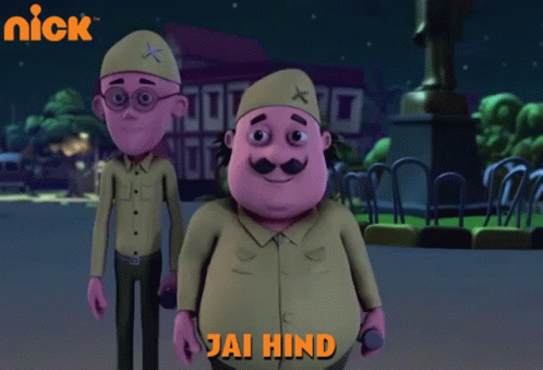Two Cartoon Characters Are Standing Next To Each Other With Jai Hind Written On The Bottom GIF