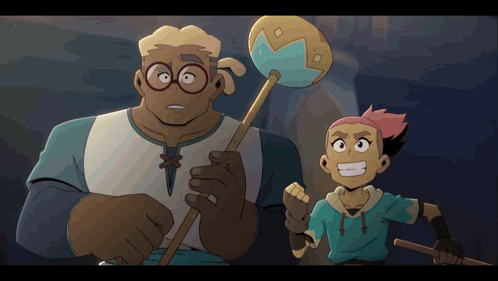 Two Cartoon Characters Are Standing Next To Each Other With One Holding A Hammer GIF