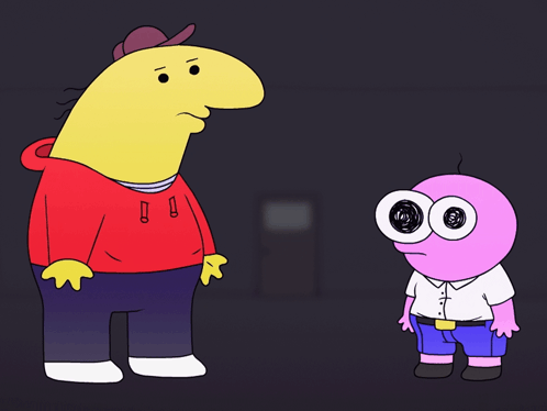 Two Cartoon Characters Are Standing Next To Each Other With One Wearing A Red Hoodie That Says ! GIF