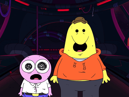 Two Cartoon Characters Are Standing Next To Each Other With One Wearing An Orange Hoodie GIF