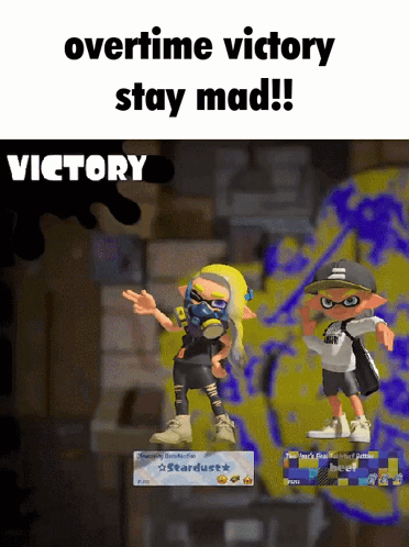 Two Cartoon Characters Are Standing Next To Each Other With The Caption Overtime Victory Stay Mad GIF