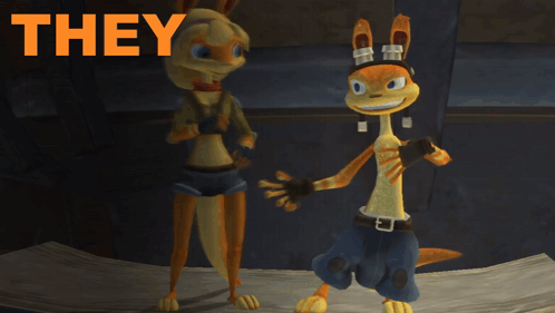 Two Cartoon Characters Are Standing Next To Each Other With The Words And They 'Re Right Below Them GIF