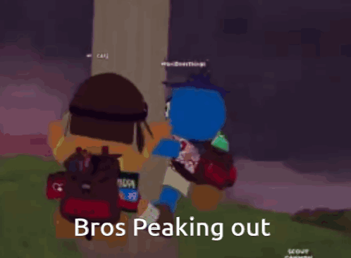 Two Cartoon Characters Are Standing Next To Each Other With The Words " Bros Peaking Out " On The Bottom Right GIF