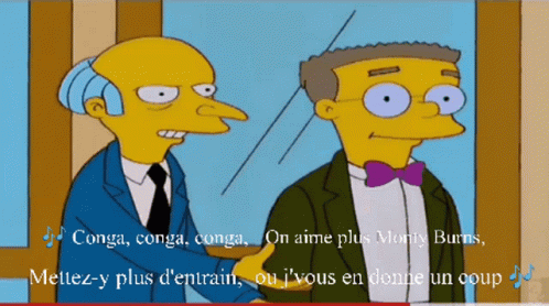 Two Cartoon Characters Are Standing Next To Each Other With The Words Conga Conga Conga On Aime Plus Morty Burns At The GIF