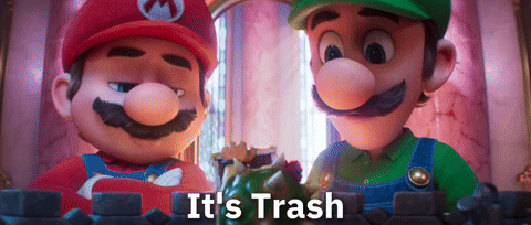 Two Cartoon Characters Are Standing Next To Each Other With The Words " It 'S Trash " Written Above Them GIF