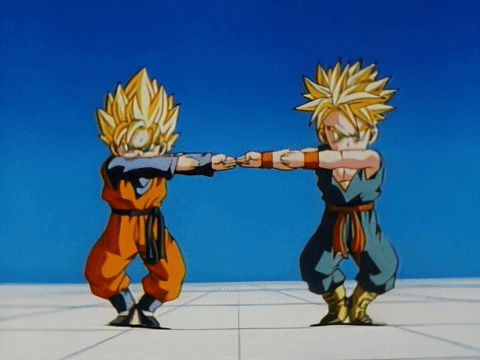 Two Cartoon Characters Are Standing Next To Each Other With Their Arms Outstretched GIF