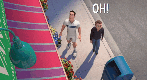 Two Cartoon Characters Are Walking Down A Sidewalk And The Words Oh Are Visible GIF