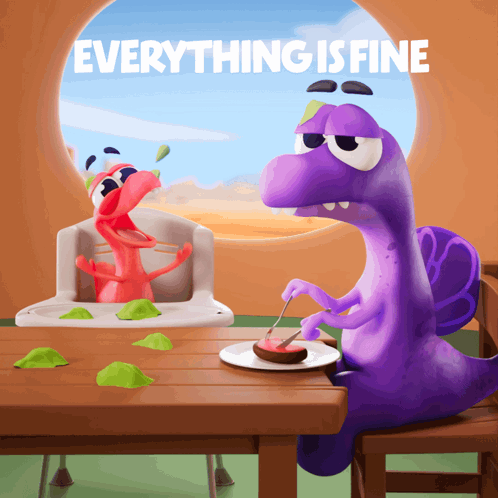 Two Cartoon Characters at Table With Everything Is Fine