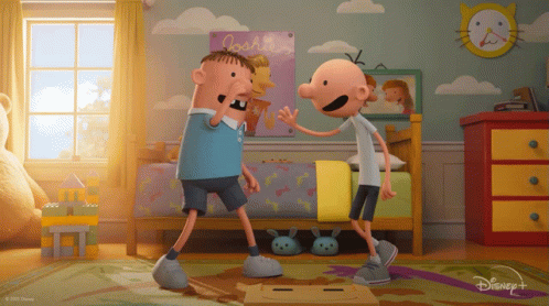 Two Cartoon Characters Dancing in Bedroom With Disney+ Logo