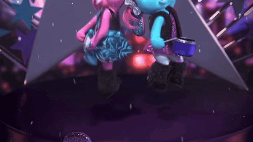 two cartoon characters dancing on a stage in front of a star