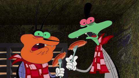 Two Cartoon Characters Eating Sausages By Le Crepe Sign GIF