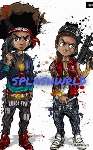 Two Cartoon Characters Holding Guns With The Words Splashworld Written On The Bottom GIF