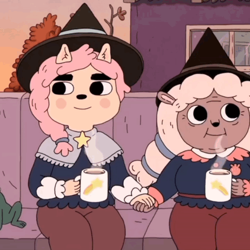 Two Cartoon Characters Holding Tea