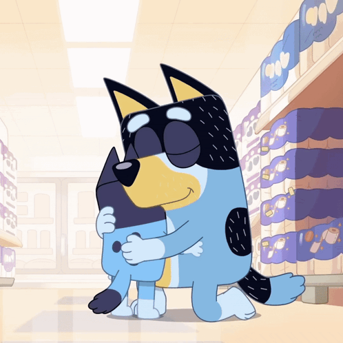 Two Cartoon Characters Hugging Each Other In A Store GIF