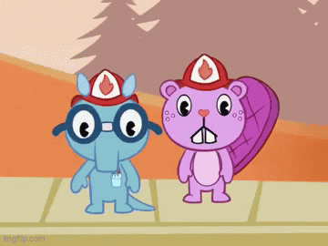 Two Cartoon Characters In Fireman Hats On Sidewalk GIF