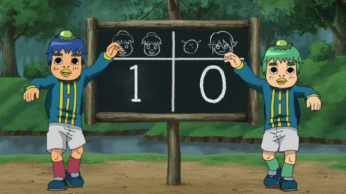 Two Cartoon Characters in Front of Blackboard With 1 and 0