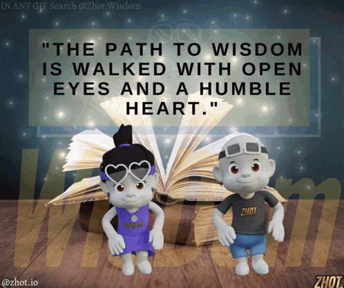 Two Cartoon Characters in Front of Open Book with Wisdom Quote