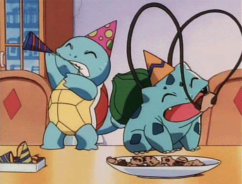 Two Cartoon Characters In Party Hats Eating Cookies GIF