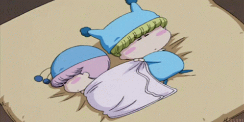 Two Cartoon Characters Laying Next To Each Other On A Blanket With The Letters Aoluki Visible GIF