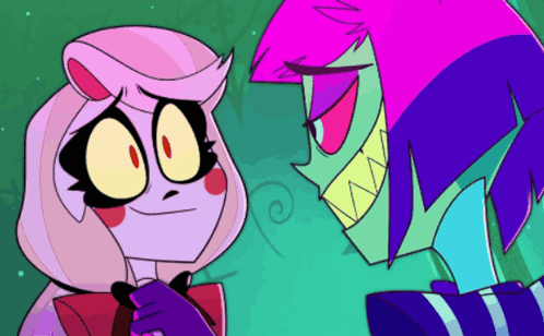 Two Cartoon Characters Looking at Each Other Green Background