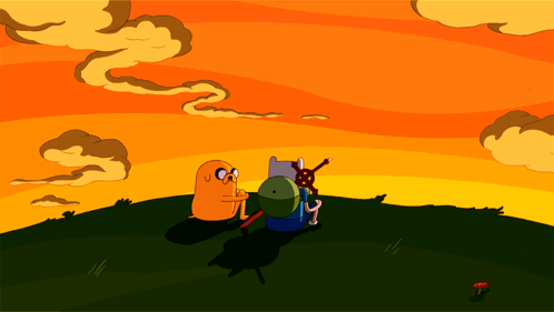 Two Cartoon Characters Looking At The Sunset With Smoke Coming Out Of The Clouds GIF
