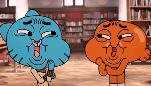 Two Cartoon Characters Making Funny Faces in Library