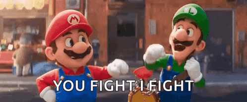 two cartoon characters , mario and luigi , are standing next to each other .