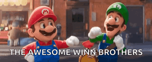 Two Cartoon Characters , Mario And Luigi , Are Standing Next To Each Other . GIF