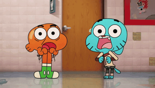 Two Cartoon Characters Mouths Open at Door